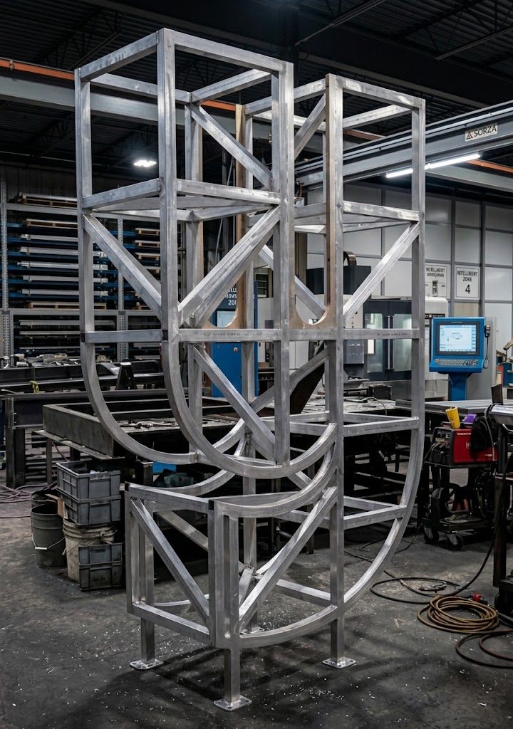 Tall curved aluminum lattice frame welded up on the shop floor
