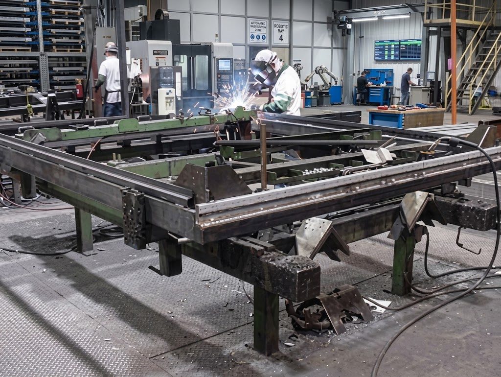 Welder joining a large rectangular steel base frame on a fixture table