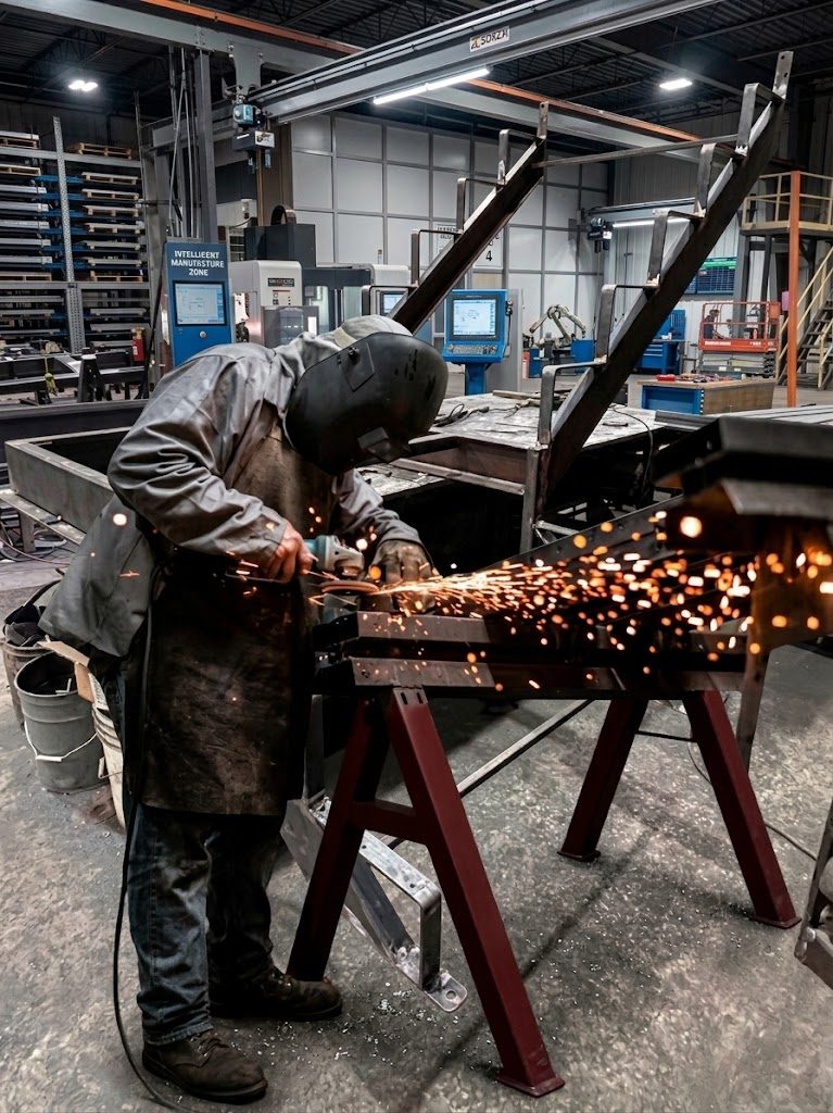 Fabricator grinding welds flush on a steel weldment, sparks flying