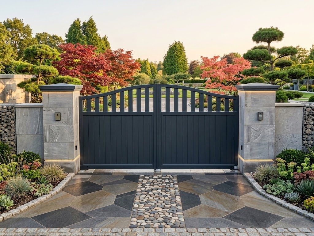 Charcoal double driveway gate with arched picket header and vertical board panel