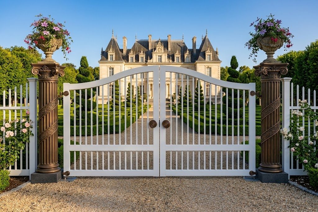 White estate entry gate with arched picket pair and cast rosette centres