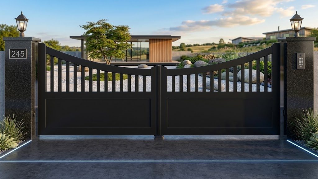 Dark contemporary double driveway gate with curved top rail