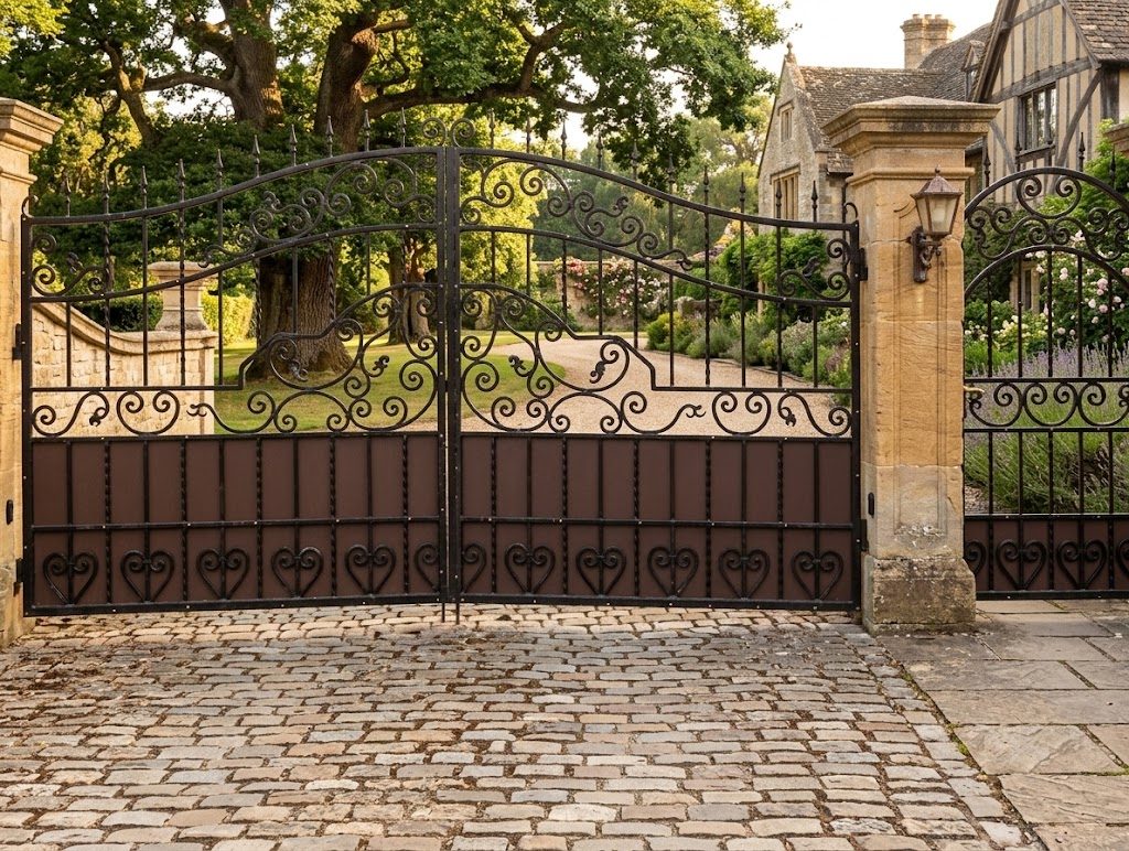 Ornate wrought iron driveway gate with hand-formed scrollwork