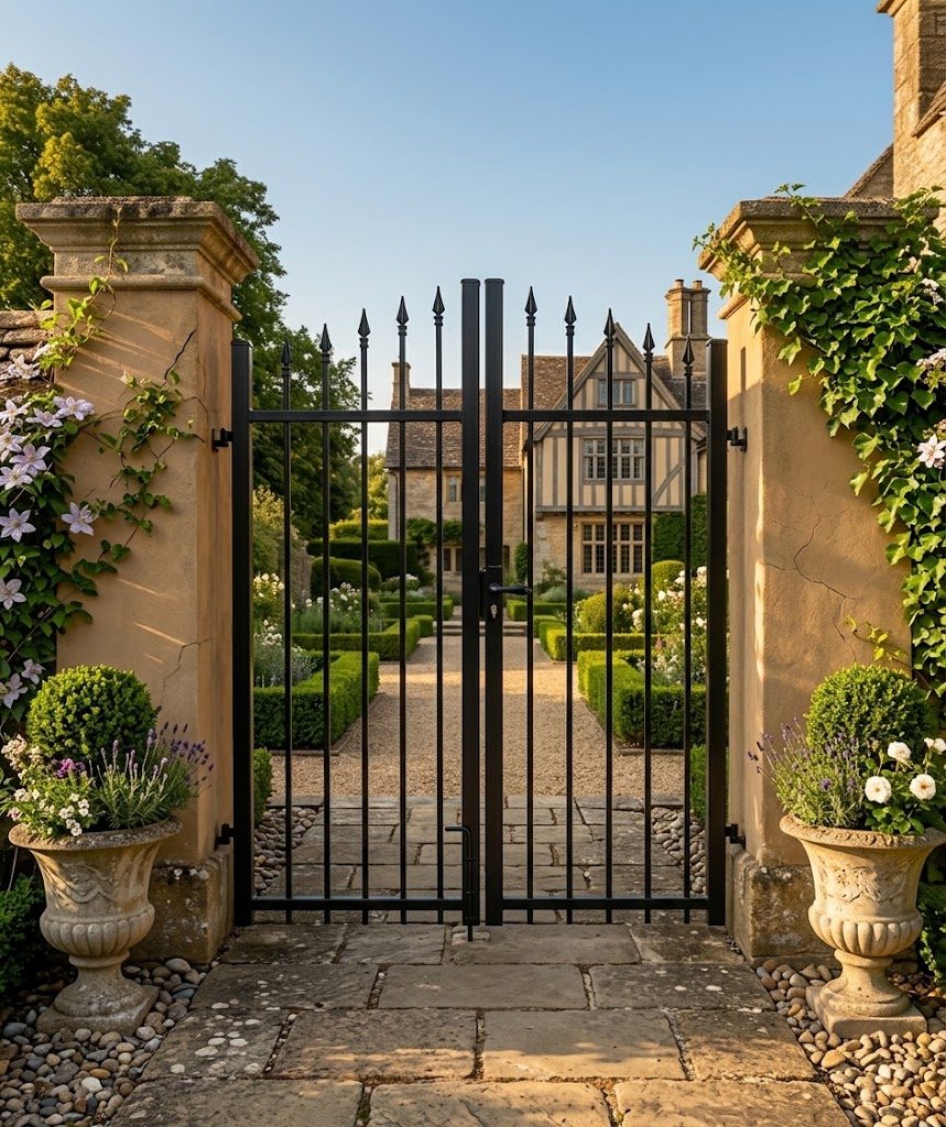 Black spear-top garden gate between stucco garden walls