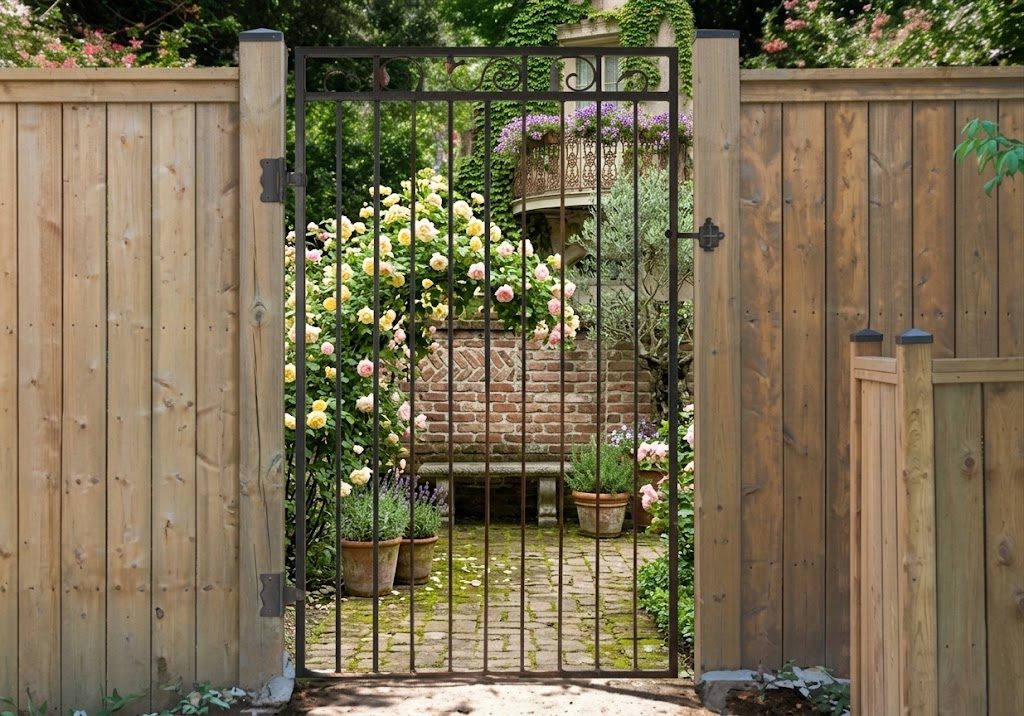 Wrought iron garden gate with scroll header set into a wood fence
