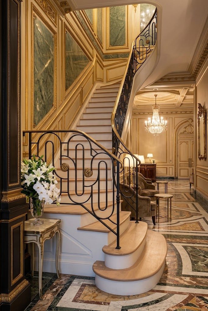 Curved interior stair railing with a looping bar pattern and cast rosettes