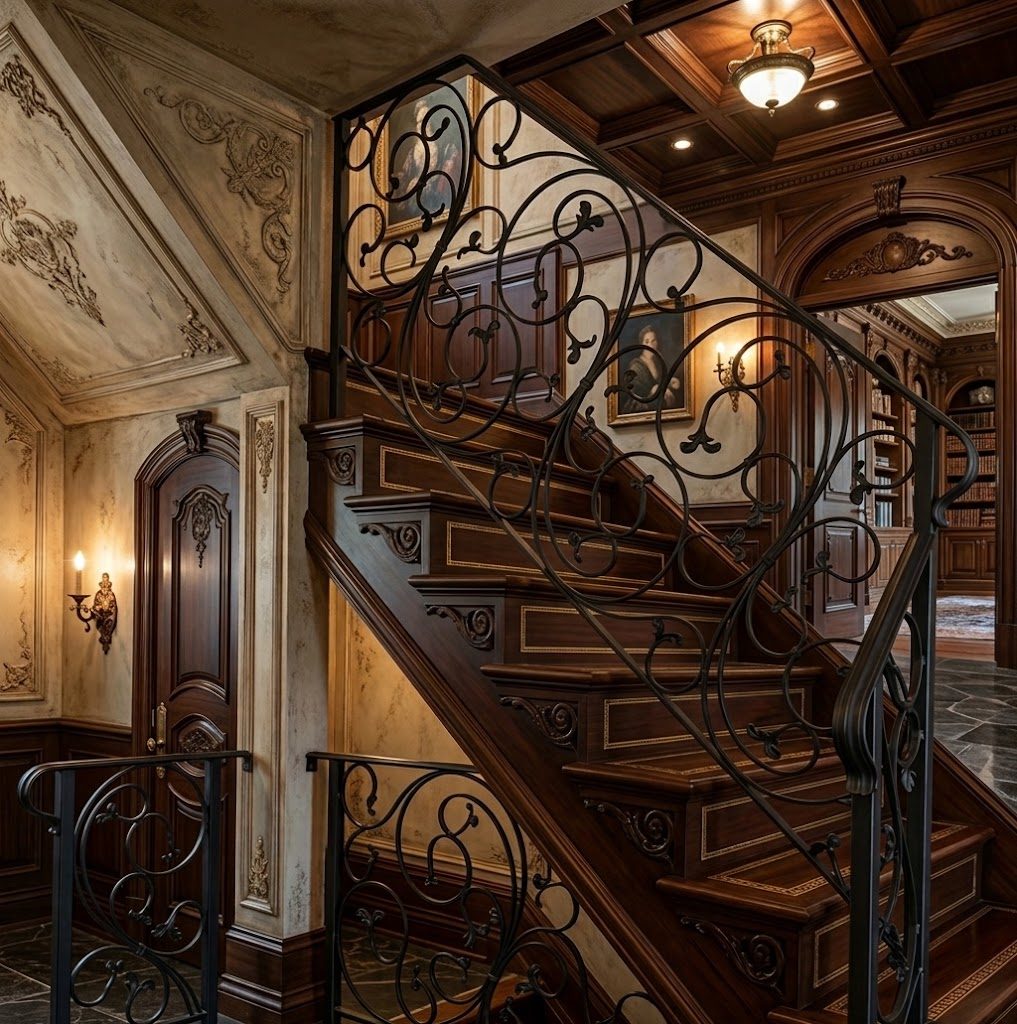 Ornate wrought iron stair railing with scrollwork and leaf detail in a wood-panelled hall
