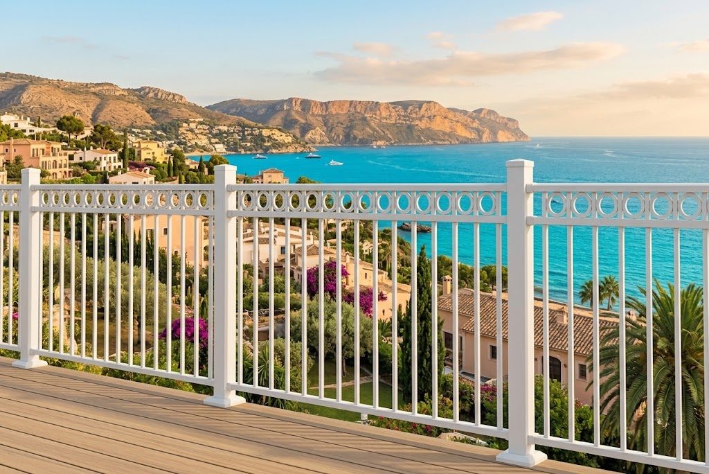 White metal terrace railing with a circle-detail top band overlooking the sea