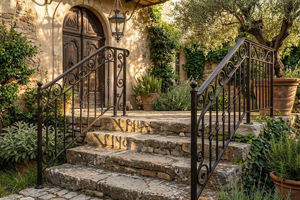 Forged iron step railings with scroll ends flanking stone courtyard steps