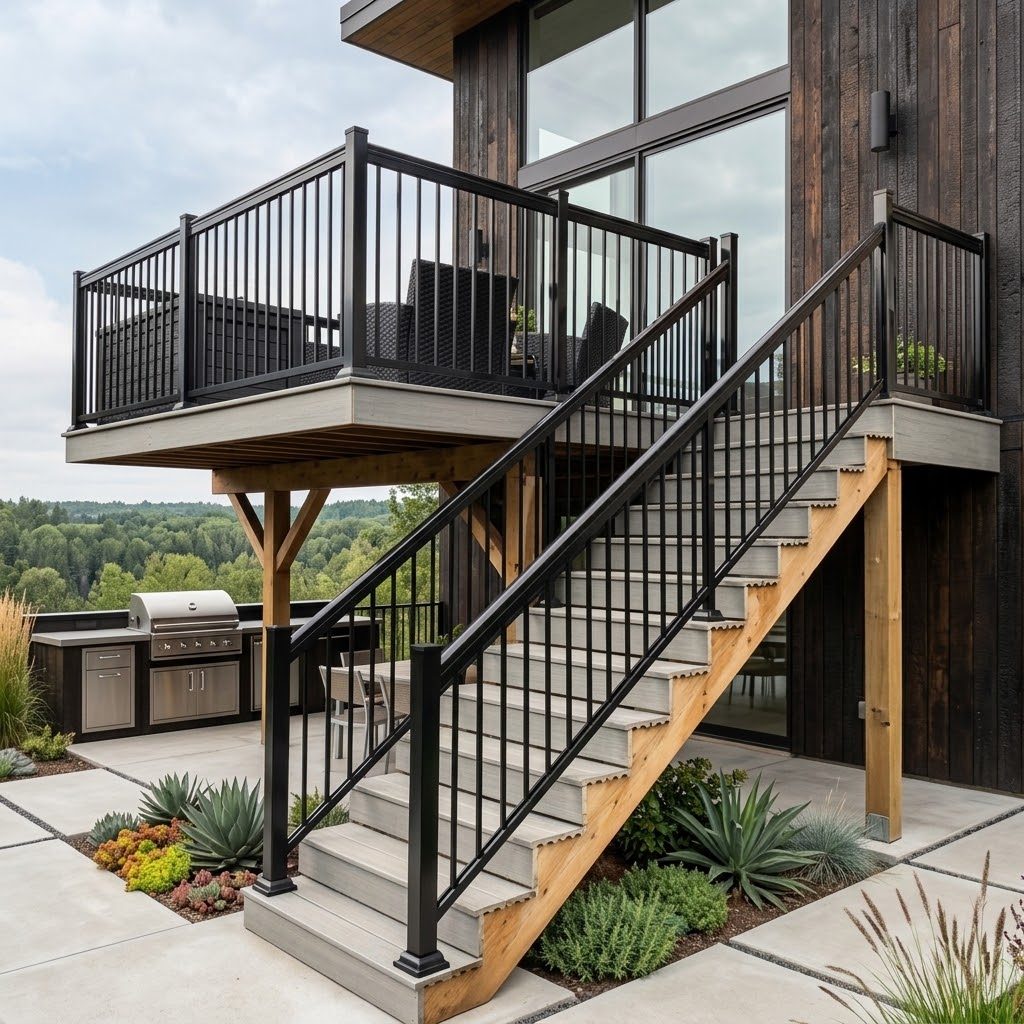 Black welded steel deck and stair railing on a raised outdoor deck