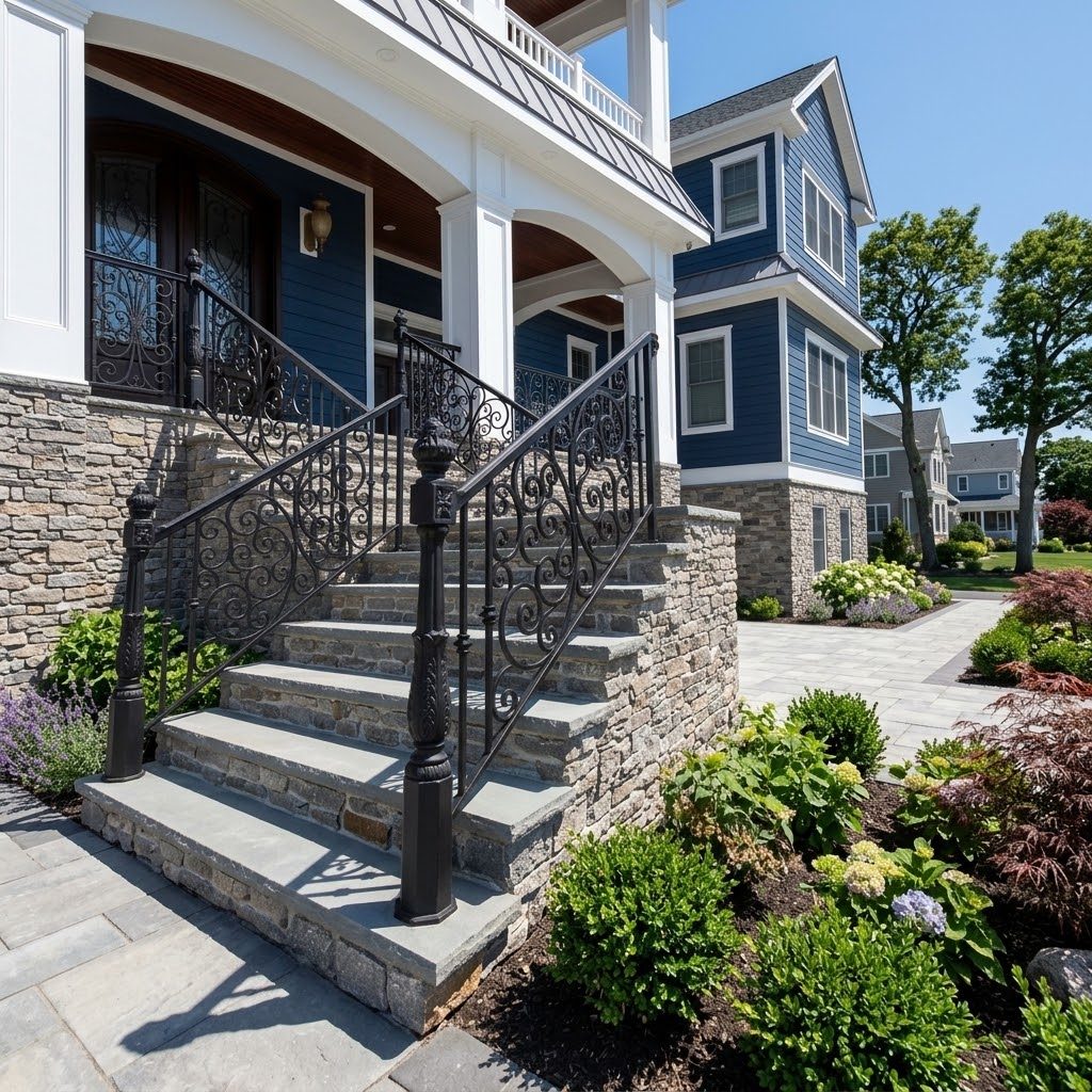 Wrought iron front entry railing with scrollwork panels on stone steps