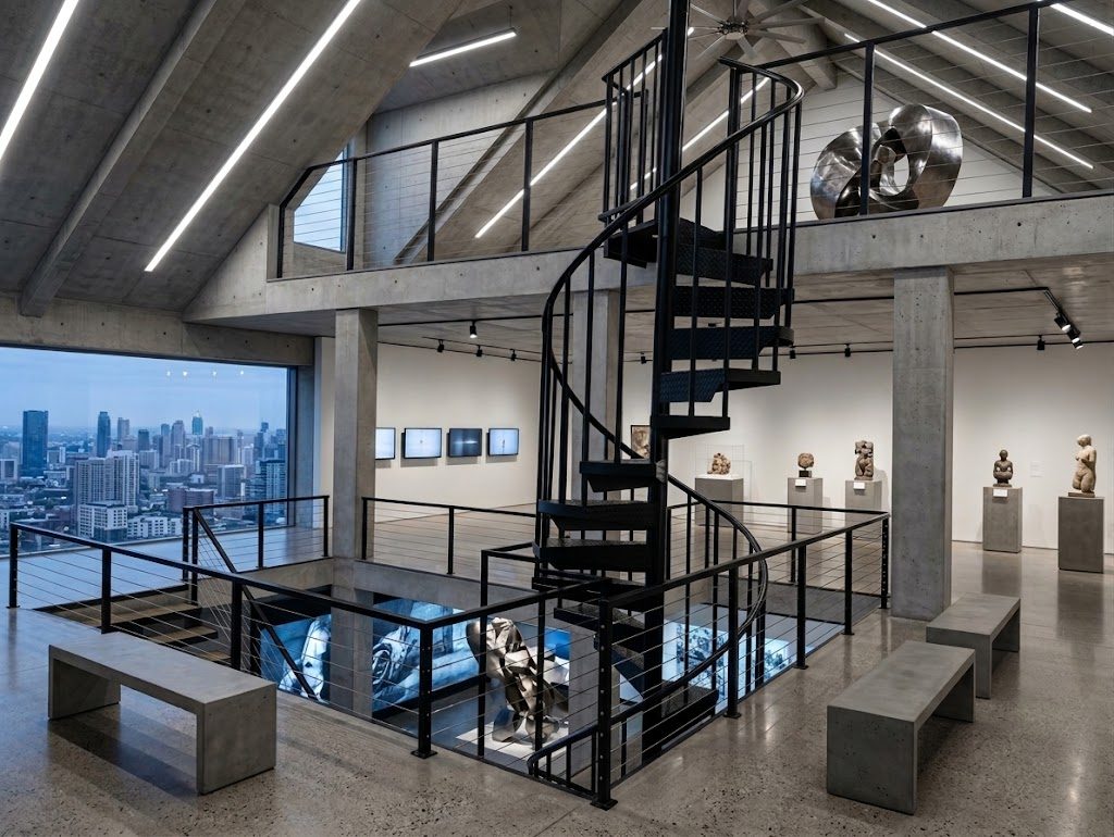 Black spiral staircase with perforated steel treads beside a mezzanine guard