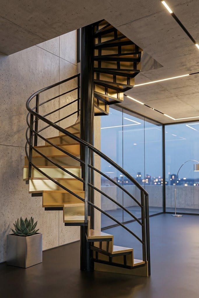 Spiral staircase with a centre column and gold-finish cantilevered treads