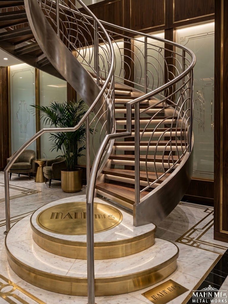 Curved interior staircase with a steel deco-pattern balustrade and walnut treads