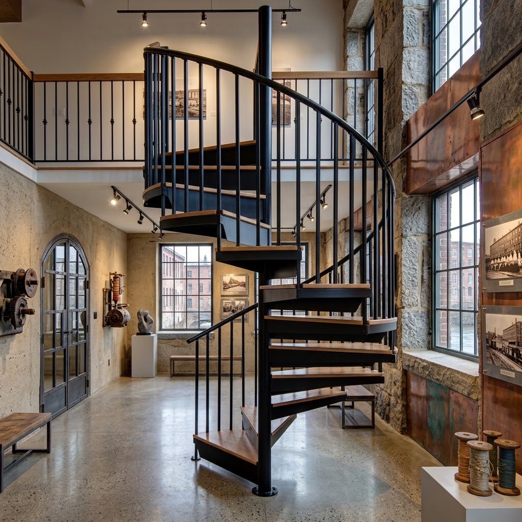 Black spiral staircase with hardwood treads in a stone mill building