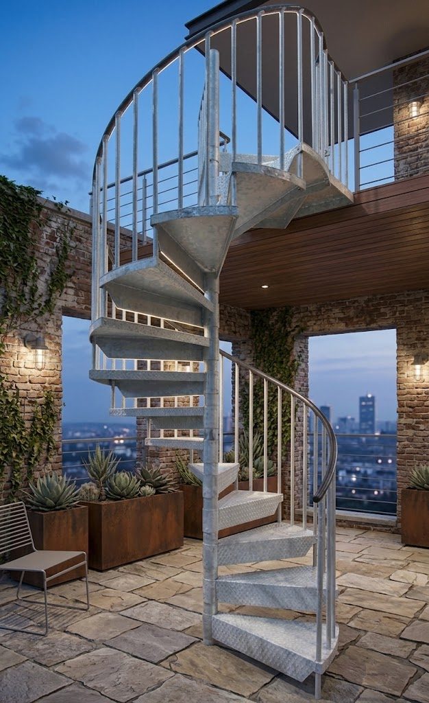 Galvanized steel spiral staircase on a brick rooftop terrace