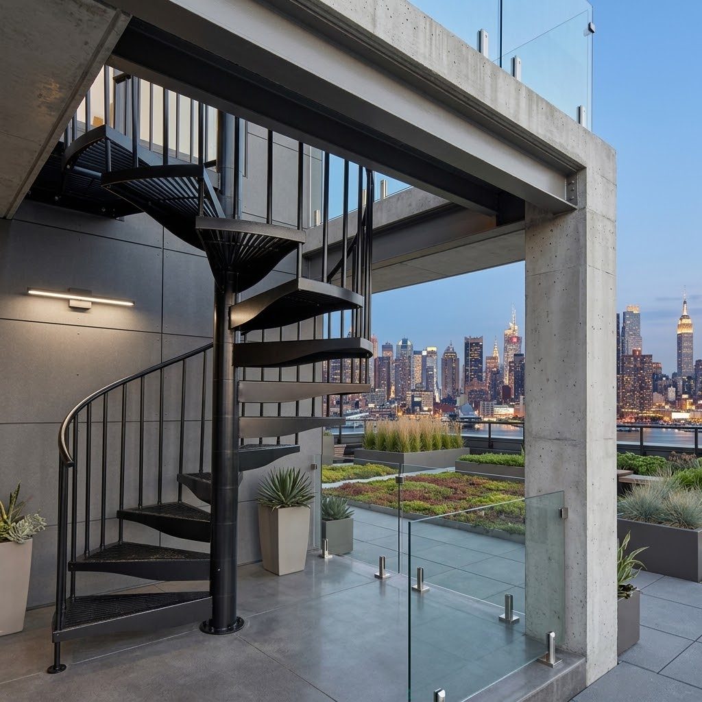 Black spiral staircase with grating treads on a rooftop deck