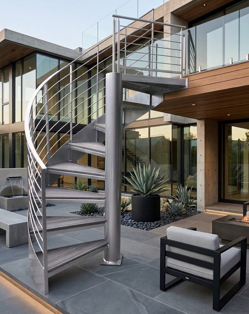 Steel exterior spiral staircase with a landing platform