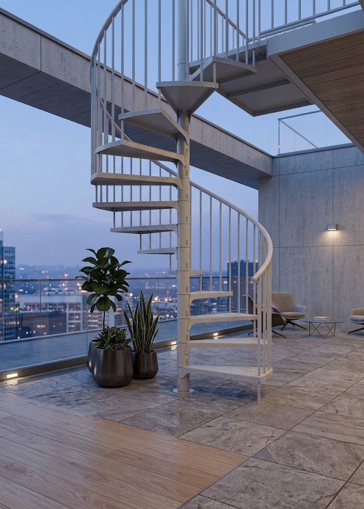 White spiral staircase with diamond-plate treads on a rooftop terrace